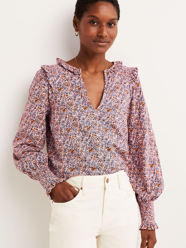 Boden Pink Notch Neck Smocked Frill Top - Image 1 of 5