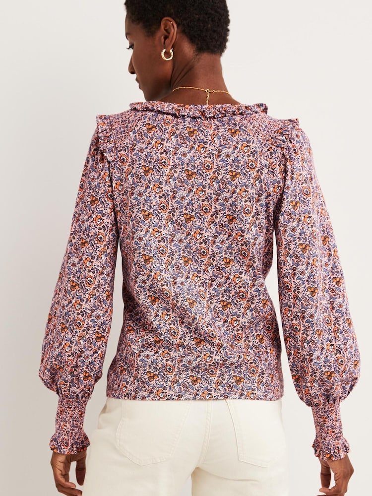 Boden Pink Notch Neck Smocked Frill Top - Image 2 of 5