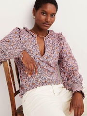 Boden Pink Notch Neck Smocked Frill Top - Image 3 of 5