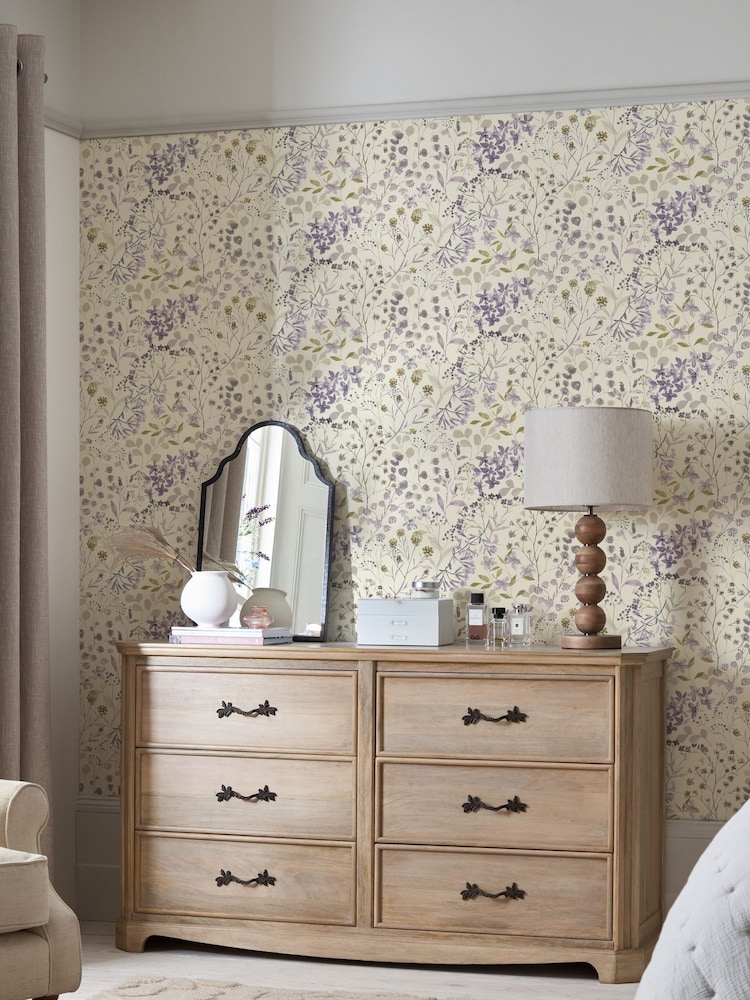Mauve Purple Botanical Floral Wallpaper Sample - Image 1 of 3