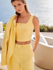 Lemon Yellow Linen Blend Sleeveless Cropped Top - Image 1 of 7
