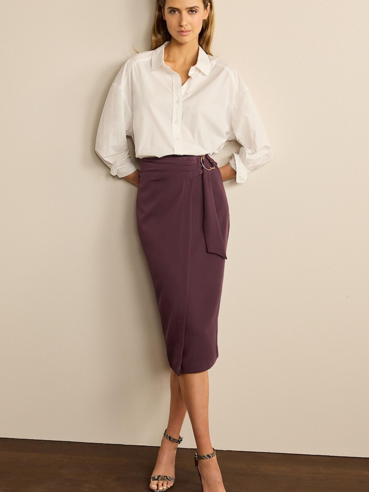 Plum Purple Pleat Front Midi Wrap Skirt - Image 2 of 6 Plum Purple Pleat Front Midi Wrap Skirt - Image 2 of 6