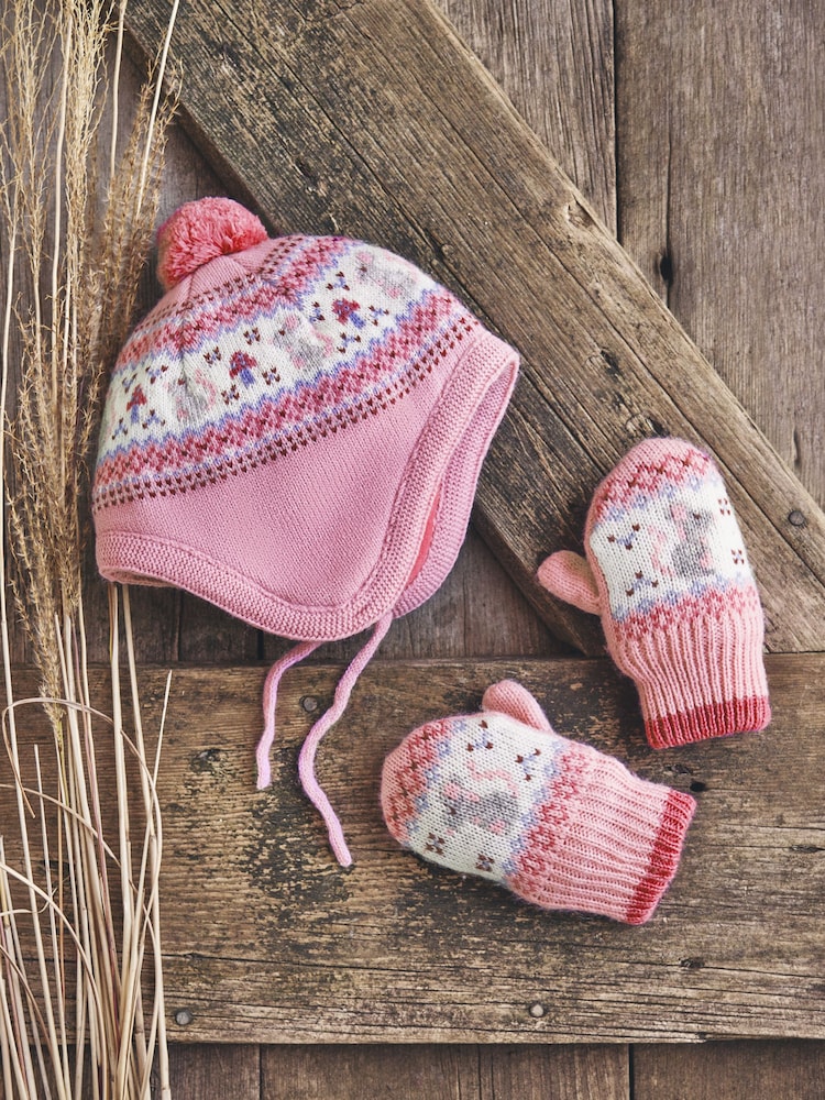 JoJo Maman Bébé Pink Mouse Fairisle Pattern Mittens - Image 1 of 4