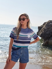 Gestreift, Blau - Strick-T-Shirt aus Leinen mit Tasche im Utility-Stil - Bild 1 von 6