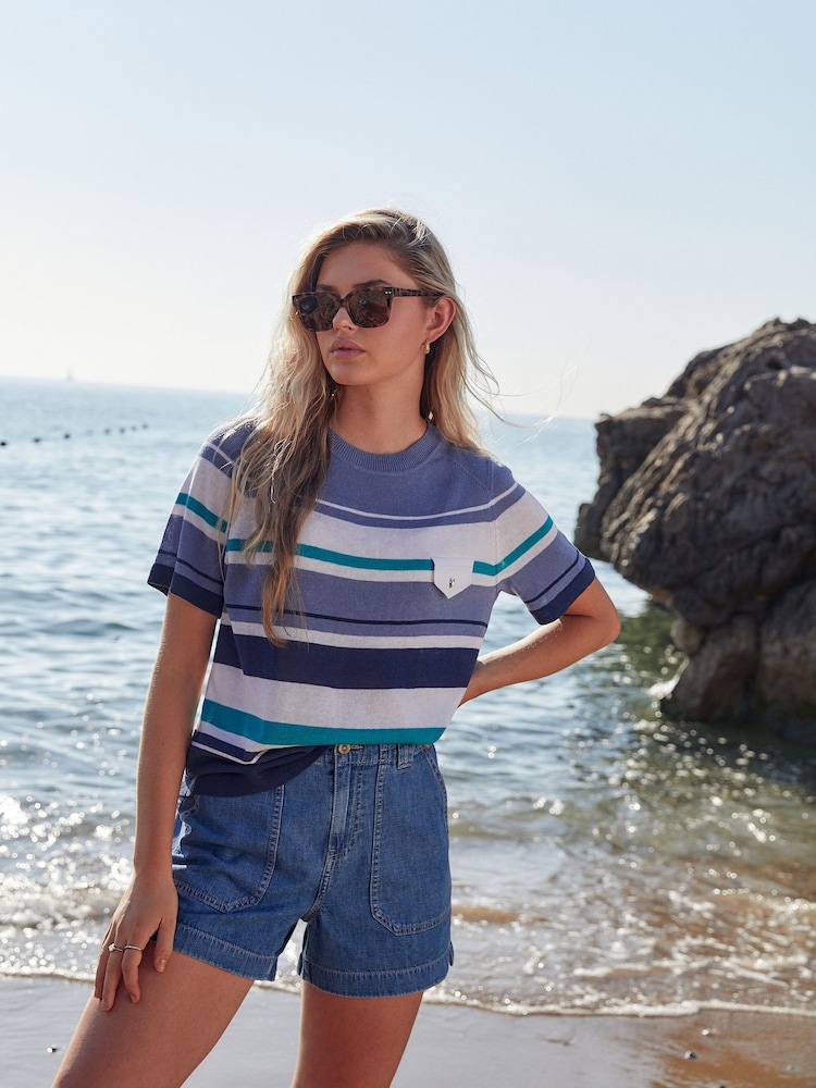 Gestreift, Blau - Strick-T-Shirt aus Leinen mit Tasche im Utility-Stil - Bild 1 von 6
