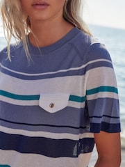 Gestreift, Blau - Strick-T-Shirt aus Leinen mit Tasche im Utility-Stil - Bild 4 von 6