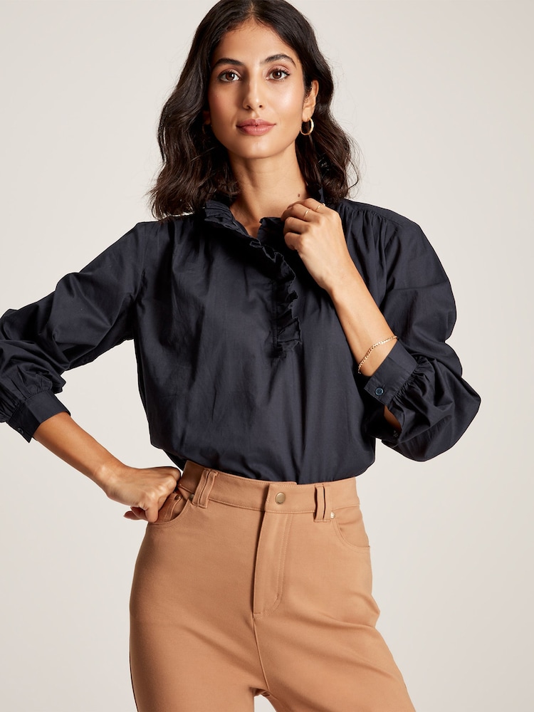 Joules Melanie Navy Blue Cotton Ruffle Blouse - Image 1 of 6 Joules Melanie Navy Blue Cotton Ruffle Blouse - Image 1 of 6