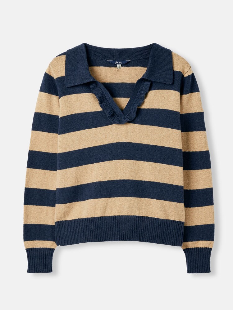 Joules Maddie Oat Striped V Neck Jumper with Collar - Image 2 of 13