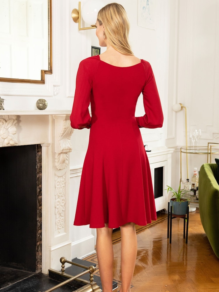 Hot Squash Red Blouson Sleeved Scuba Fit-N-Flare Dress - Image 2 of 5