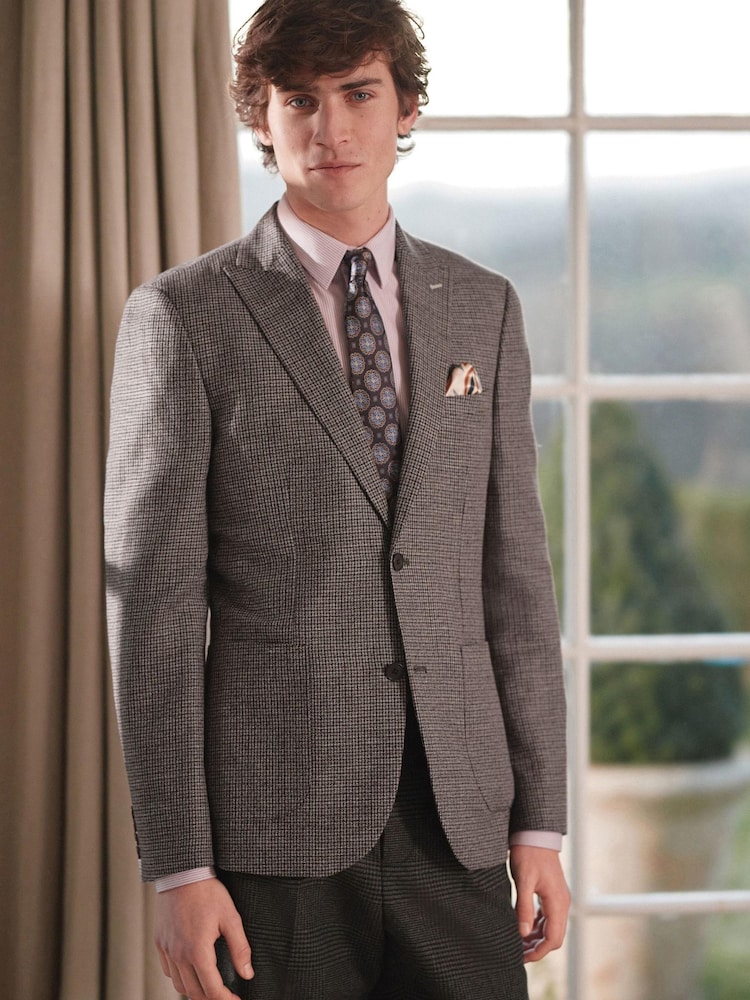 Taupe Brown Dogtooth Linen Blend Blazer - Image 1 of 10