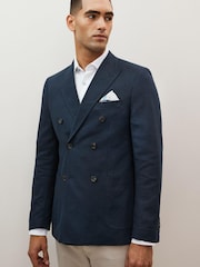 Navy Blue Double Breasted Linen Blend Blazer - Image 1 of 5