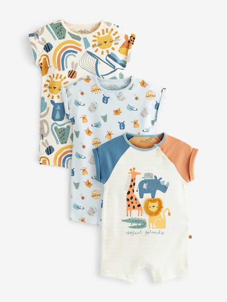 Rust Brown/Blue Safari Baby Rompers 3 Pack - Image 1 of 2