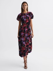 Reiss Black/Pink Leni Fitted Floral Print Midi Dress - Image 1 of 7