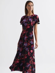 Reiss Black/Pink Leni Fitted Floral Print Midi Dress - Image 3 of 7
