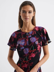 Reiss Black/Pink Leni Fitted Floral Print Midi Dress - Image 4 of 7