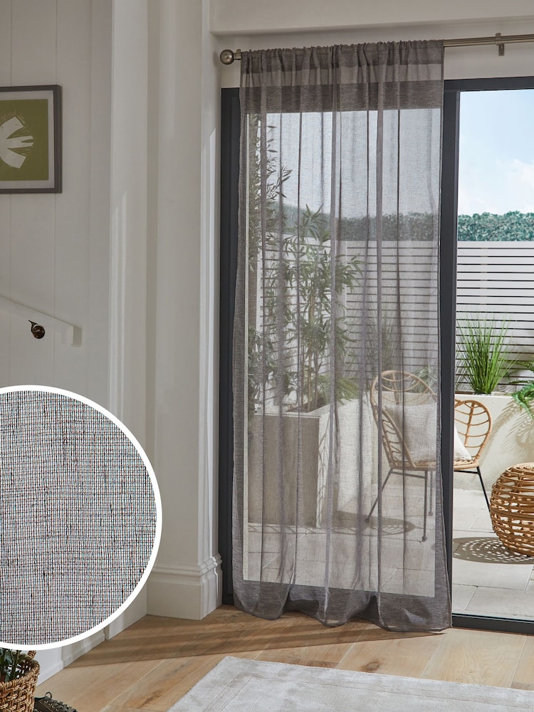 Grey Linen Look Voile Slot Top Sheer Panel Curtain - Image 1 of 5