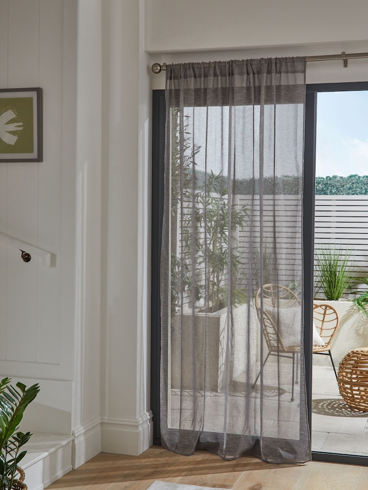 Grey Linen Look Voile Slot Top Sheer Panel Curtain - Image 2 of 5