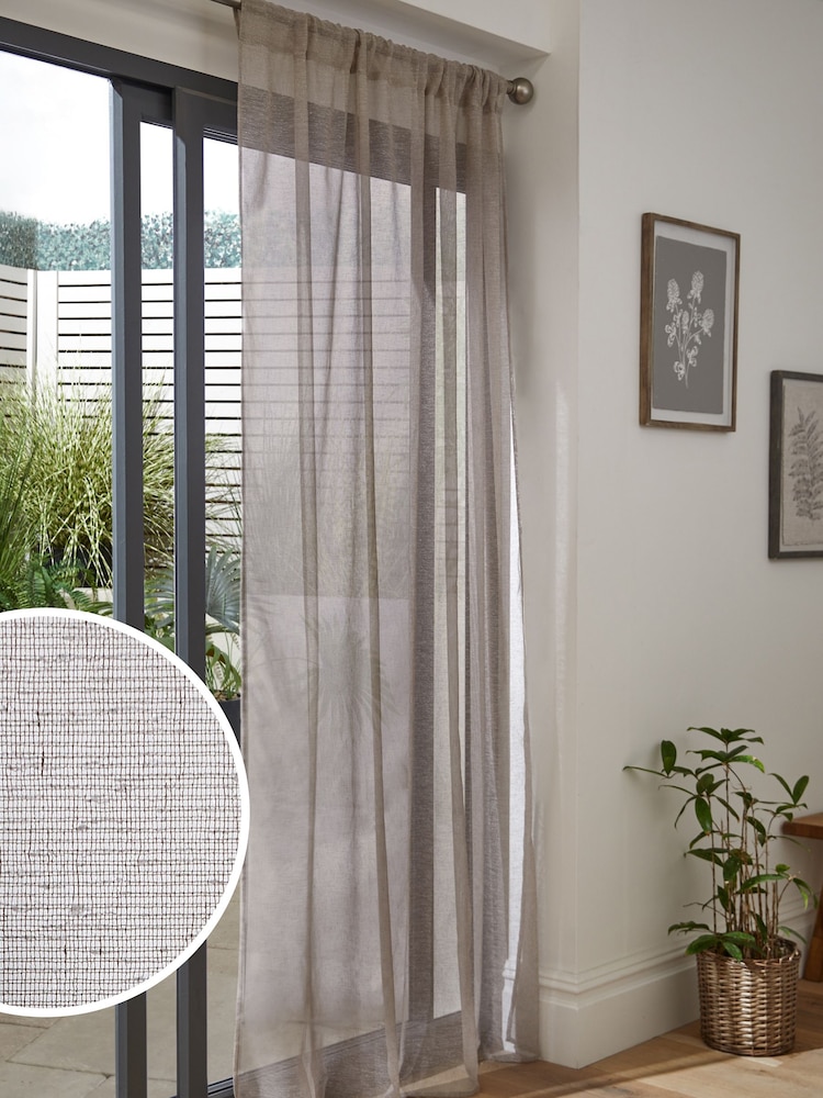 Natural Linen Look Voile Slot Top Sheer Panel Curtain - Image 1 of 5