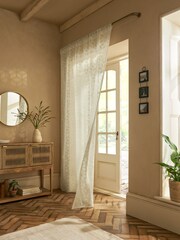 White Flocked Geometric Voile Slot Top Unlined Slot Top Slot Top Sheer Panel Sheer Panel Curtain - Image 1 of 4
