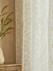 White Flocked Geometric Voile Slot Top Unlined Slot Top Slot Top Sheer Panel Sheer Panel Curtain - Image 4 of 4