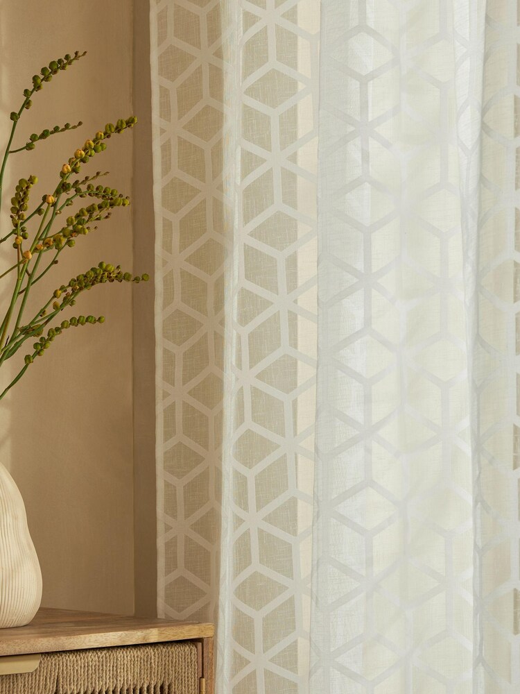 White Flocked Geometric Voile Slot Top Unlined Slot Top Slot Top Sheer Panel Sheer Panel Curtain - Image 4 of 4