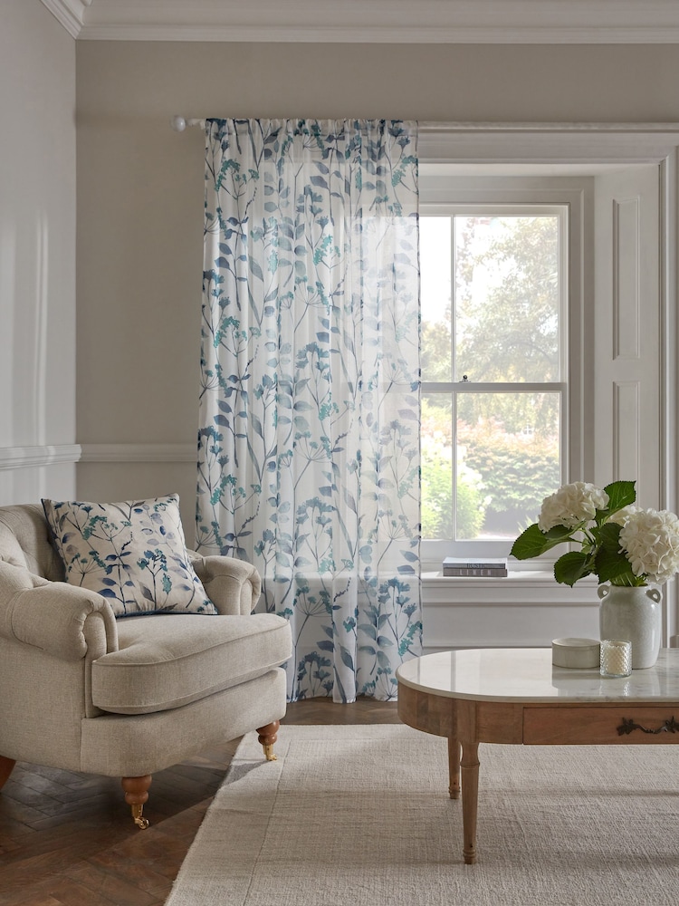 Blue Isla Floral Printed Slot Top Unlined Sheer Panel Voile Curtain - Image 1 of 5