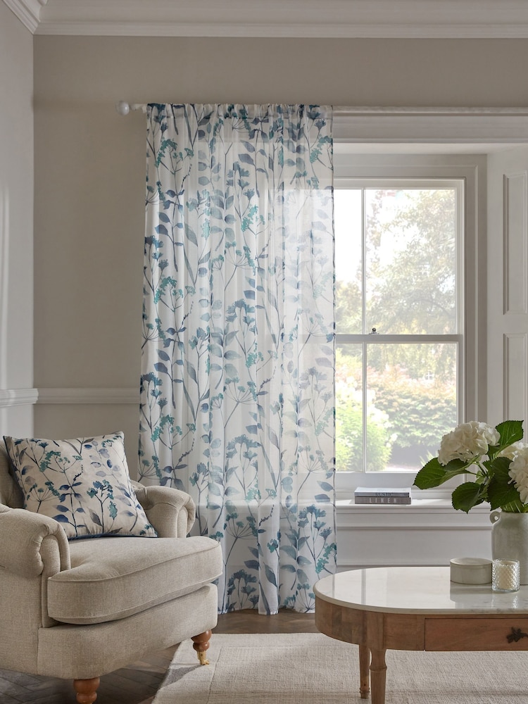 Blue Isla Floral Printed Slot Top Unlined Sheer Panel Voile Curtain - Image 2 of 5