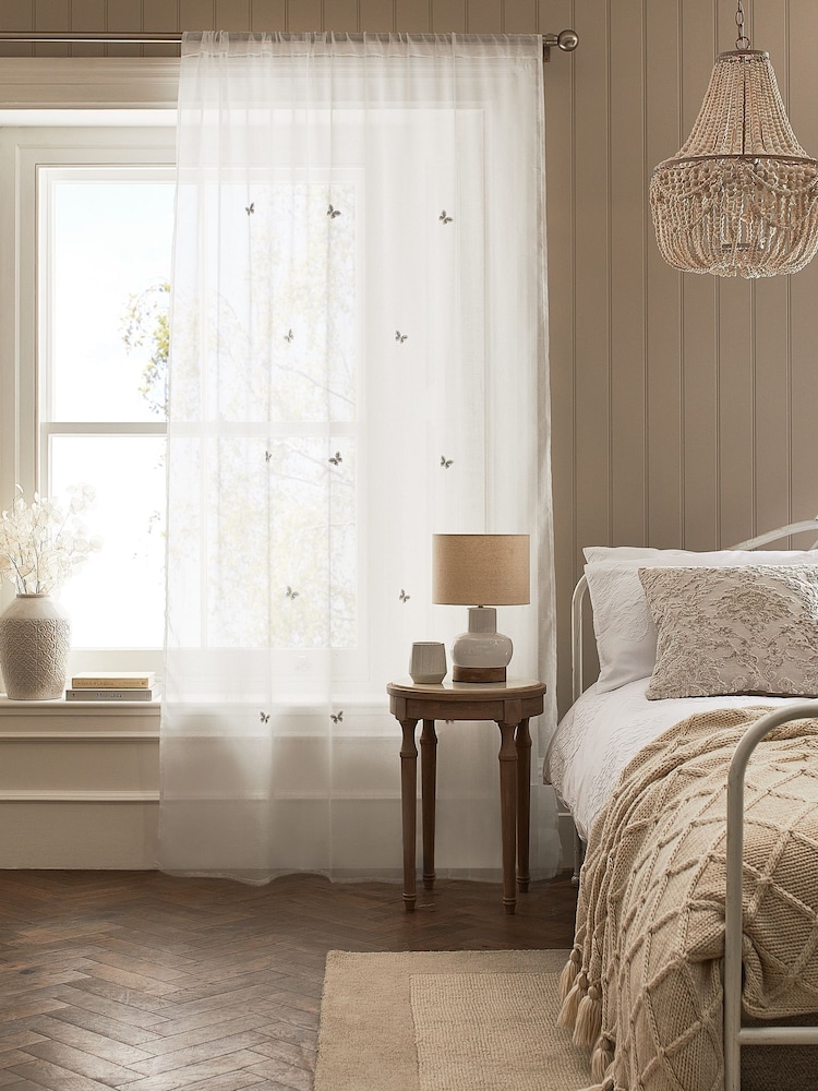 White Butterfly Embroidered Slot Top Unlined Sheer Panel Voile Curtain - Image 1 of 4 White Butterfly Embroidered Slot Top Unlined Sheer Panel Voile Curtain - Image 1 of 4