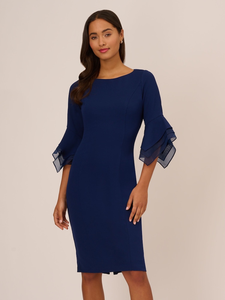 Adrianna Papell Blue Knit Crepe Tiered Sleeve Dress - Image 1 of 5 Adrianna Papell Blue Knit Crepe Tiered Sleeve Dress - Image 1 of 5