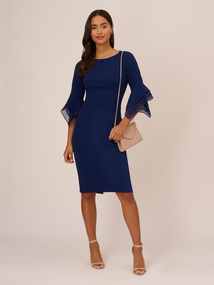 Adrianna Papell Blue Knit Crepe Tiered Sleeve Dress - Image 2 of 5 Adrianna Papell Blue Knit Crepe Tiered Sleeve Dress - Image 2 of 5
