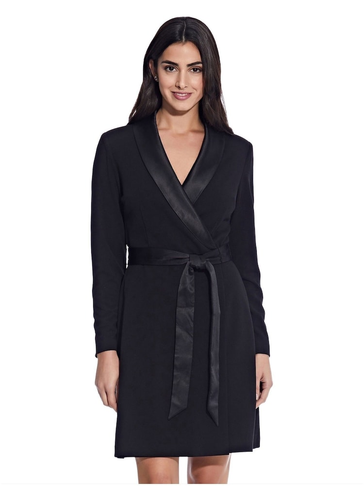 Adrianna Papell Knit Crepe Tuxedo A-Line Black Dress - Image 1 of 5