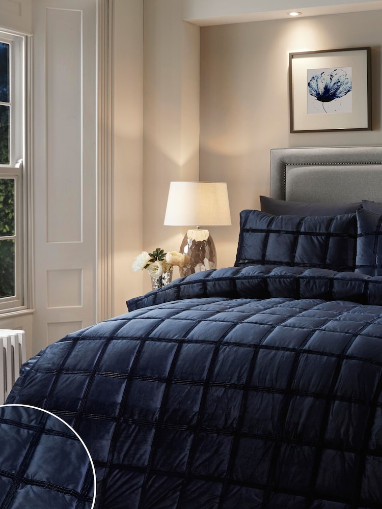 Soiree Blue Brighton Square Velvet Duvet Cover and Pillowcase Set - Image 1 of 4