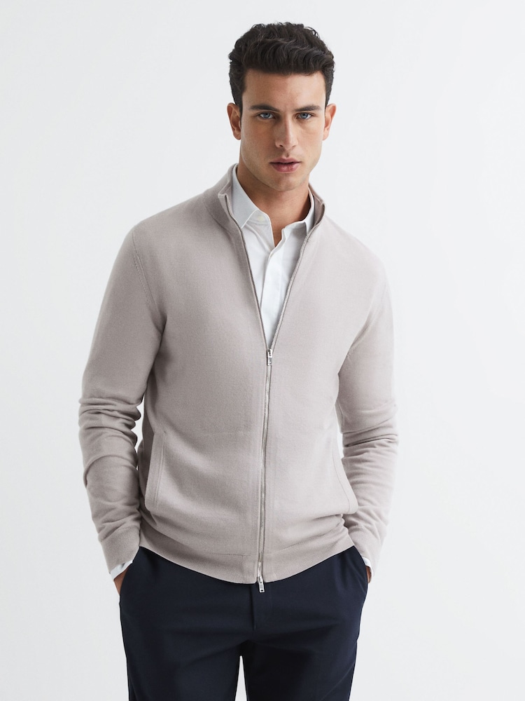 Reiss Stone Hampshire Merino Wool Funnel-Neck Cardigan - Image 1 of 7