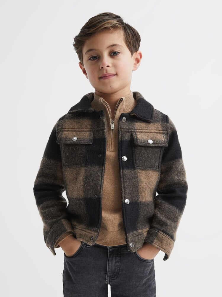 Reiss Dark Camel Zeus 4-9 yrs Long Sleeve Check Press-Stud Overshirt - Image 1 of 7