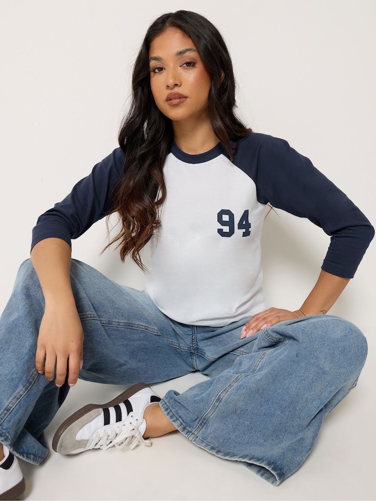 PixieGirl Petite Blue Contrast Raglan Long Sleeve T-Shirt - Image 1 of 5 PixieGirl Petite Blue Contrast Raglan Long Sleeve T-Shirt - Image 1 of 5