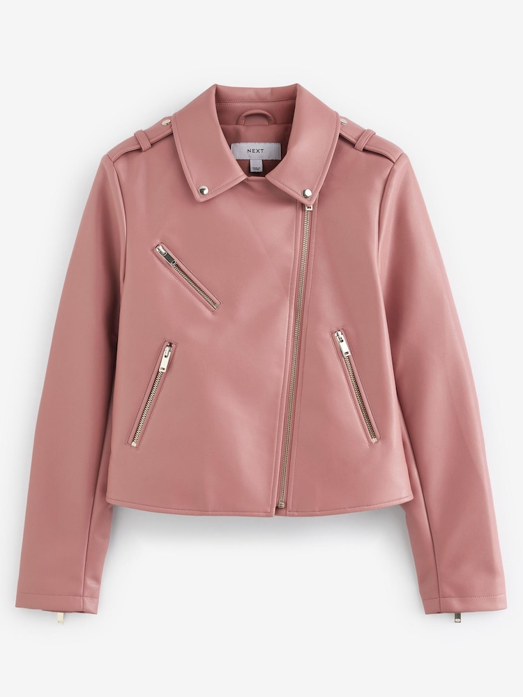 Pink Faux Leather Biker Jacket - Image 5 of 9