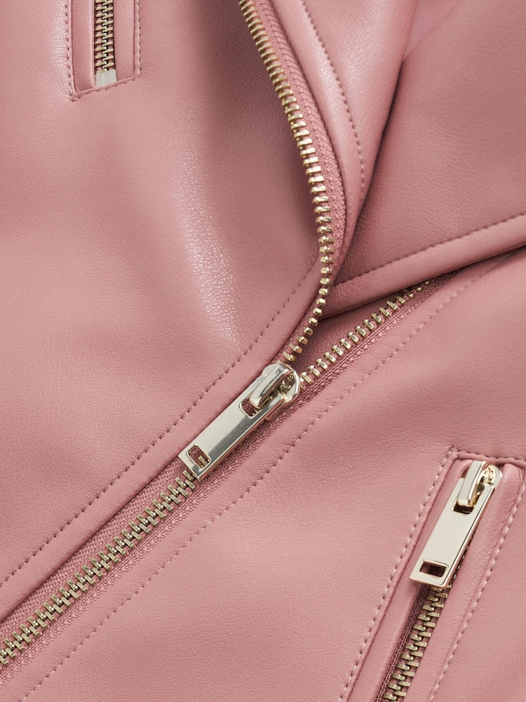 Pink Faux Leather Biker Jacket - Image 6 of 9