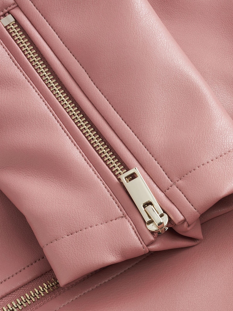 Pink Faux Leather Biker Jacket - Image 7 of 9