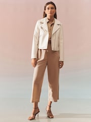 Ecru Cream Faux Leather Biker Jacket - Image 2 of 9