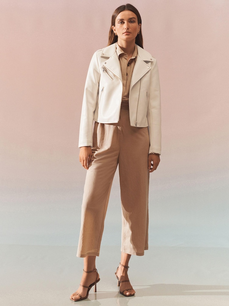 Ecru Cream Faux Leather Biker Jacket - Image 2 of 9