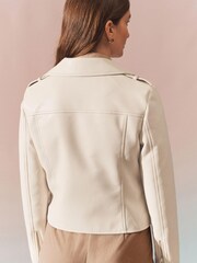 Ecru Cream Faux Leather Biker Jacket - Image 3 of 9