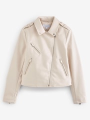 Ecru Cream Faux Leather Biker Jacket - Image 5 of 9