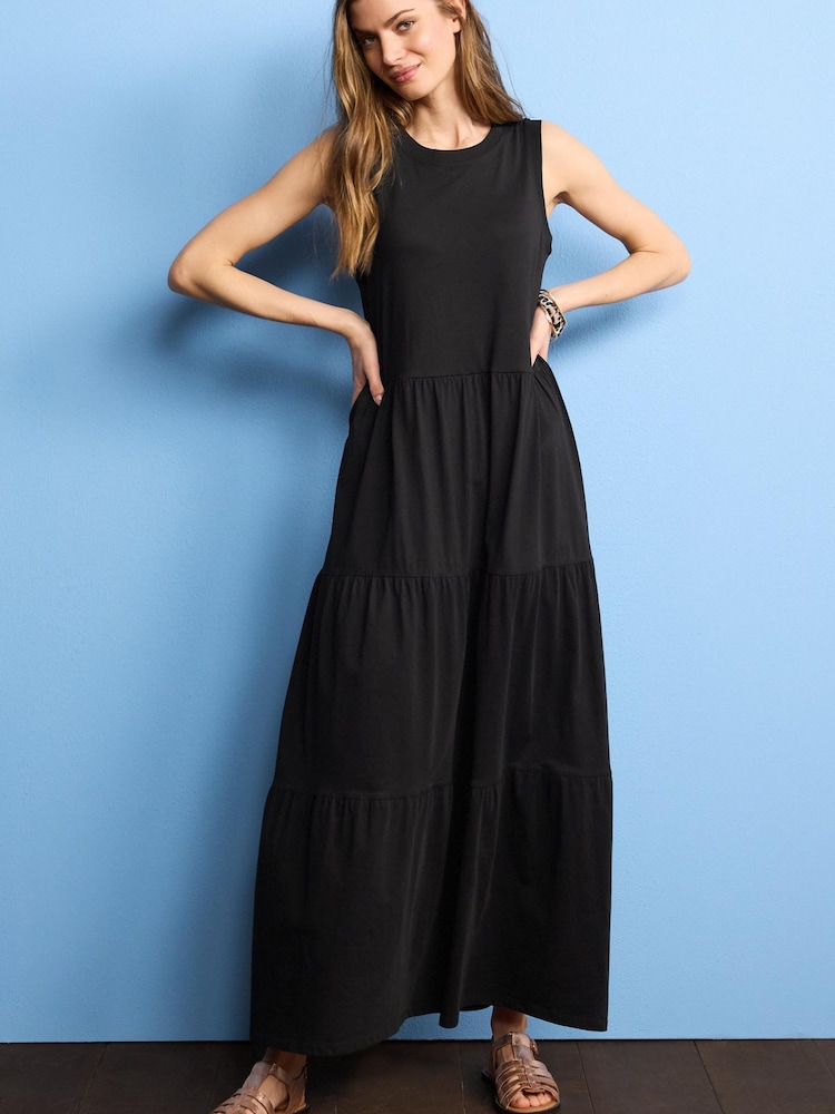 Schwarz - Ärmelloses und gestuftes, sommerliches Jersey-Maxikleid mit Rundhalsausschnitt, 100 % Baumwolle - Bild 1 von 5