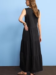 Schwarz - Ärmelloses und gestuftes, sommerliches Jersey-Maxikleid mit Rundhalsausschnitt, 100 % Baumwolle - Bild 2 von 5