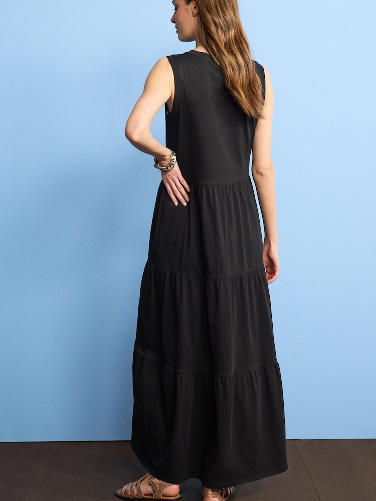 Schwarz - Ärmelloses und gestuftes, sommerliches Jersey-Maxikleid mit Rundhalsausschnitt, 100 % Baumwolle - Bild 2 von 5