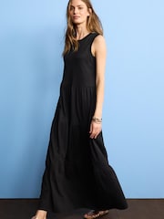 Schwarz - Ärmelloses und gestuftes, sommerliches Jersey-Maxikleid mit Rundhalsausschnitt, 100 % Baumwolle - Bild 3 von 5