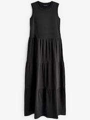 Schwarz - Ärmelloses und gestuftes, sommerliches Jersey-Maxikleid mit Rundhalsausschnitt, 100 % Baumwolle - Bild 5 von 5