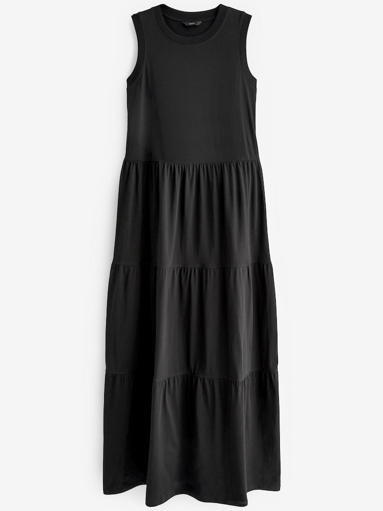 Schwarz - Ärmelloses und gestuftes, sommerliches Jersey-Maxikleid mit Rundhalsausschnitt, 100 % Baumwolle - Bild 5 von 5