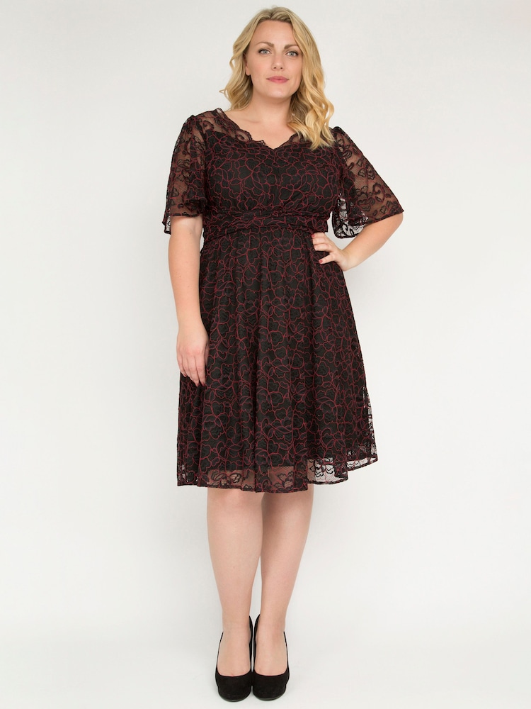 Jolie Moi Red Flare Sleeved Lace Midi Dress - Image 1 of 5