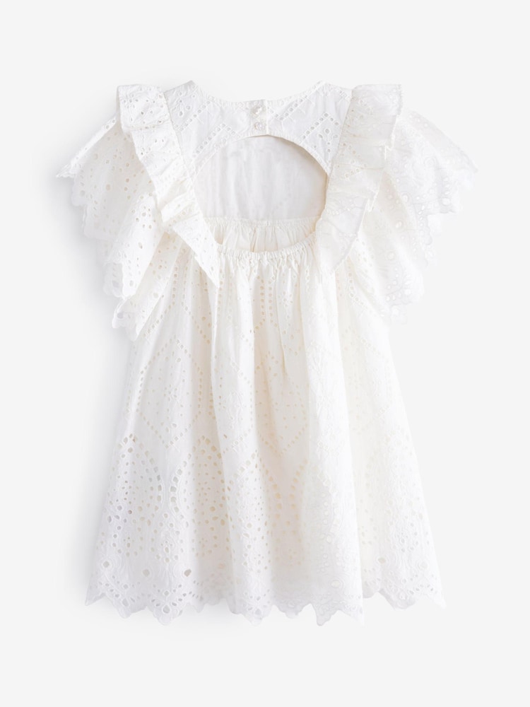 Creme - Gerüschtes Kleid aus Baumwolle mit Lochstickereien (3 bis 16 Jahre) - Bild 7 von 7
